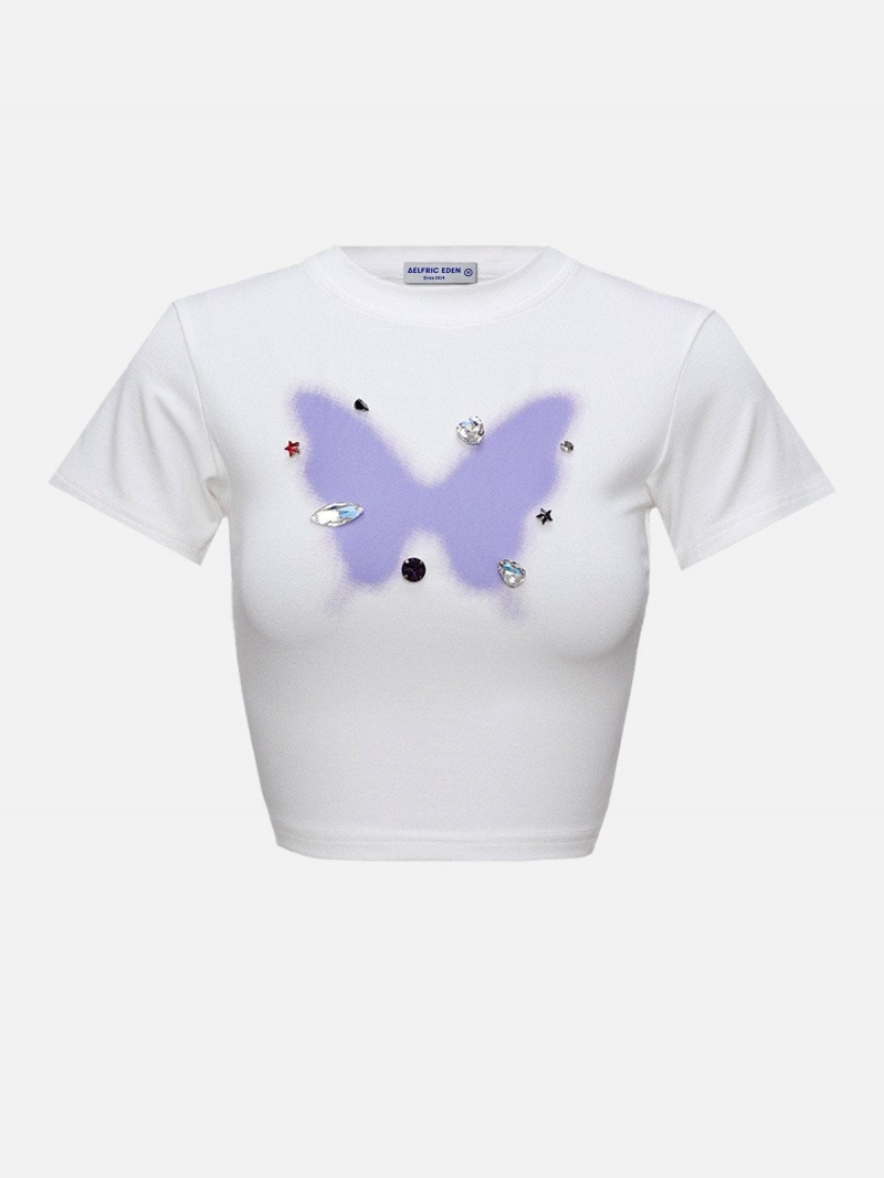 T Shirts Aelfric Eden Rhinestone Application Butterfly Tee Grise | VNK-16973110